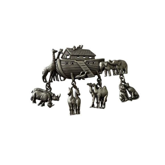 Silver JJ Jonette Brooch Pin Noahs Ark Animals, Elephant, Giraff, Ducks, Vintage - Picture 2 of 5